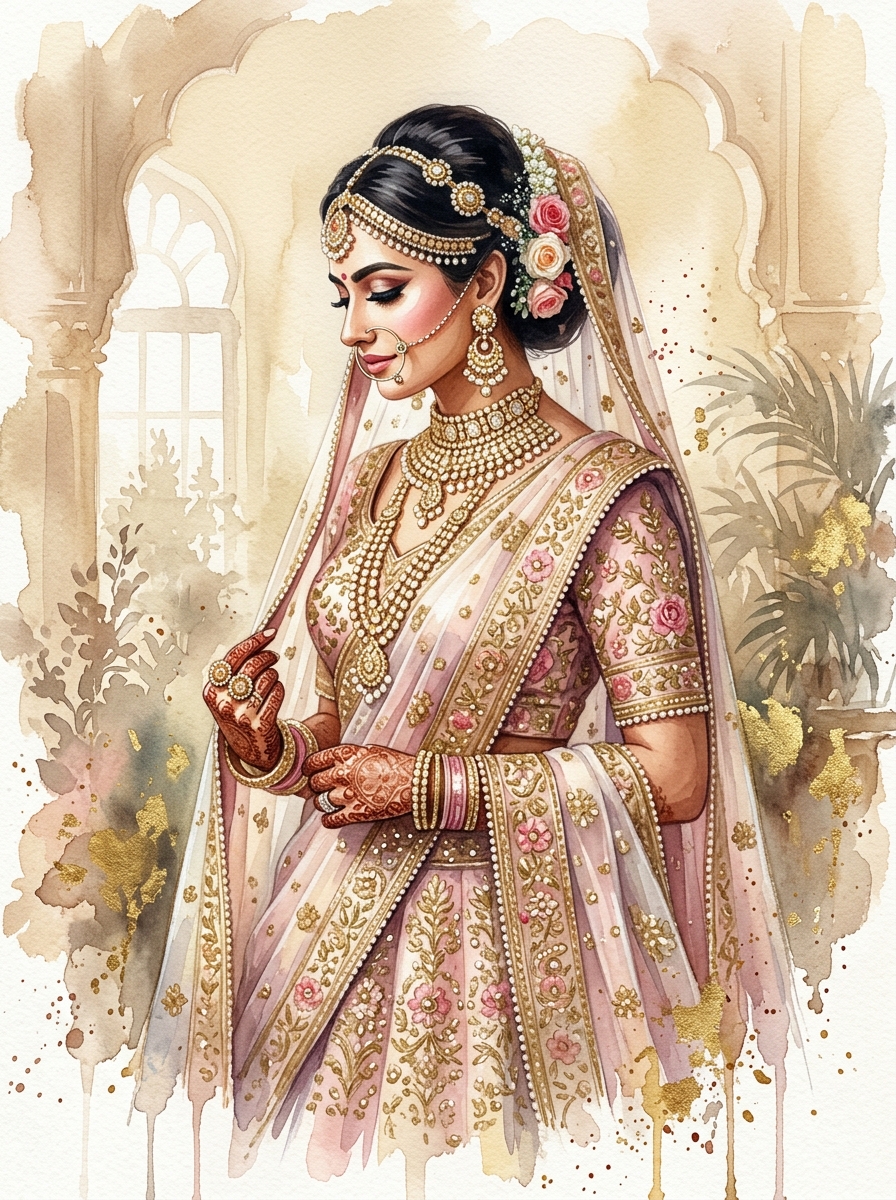 Watercolor portrait of royal Indian bride