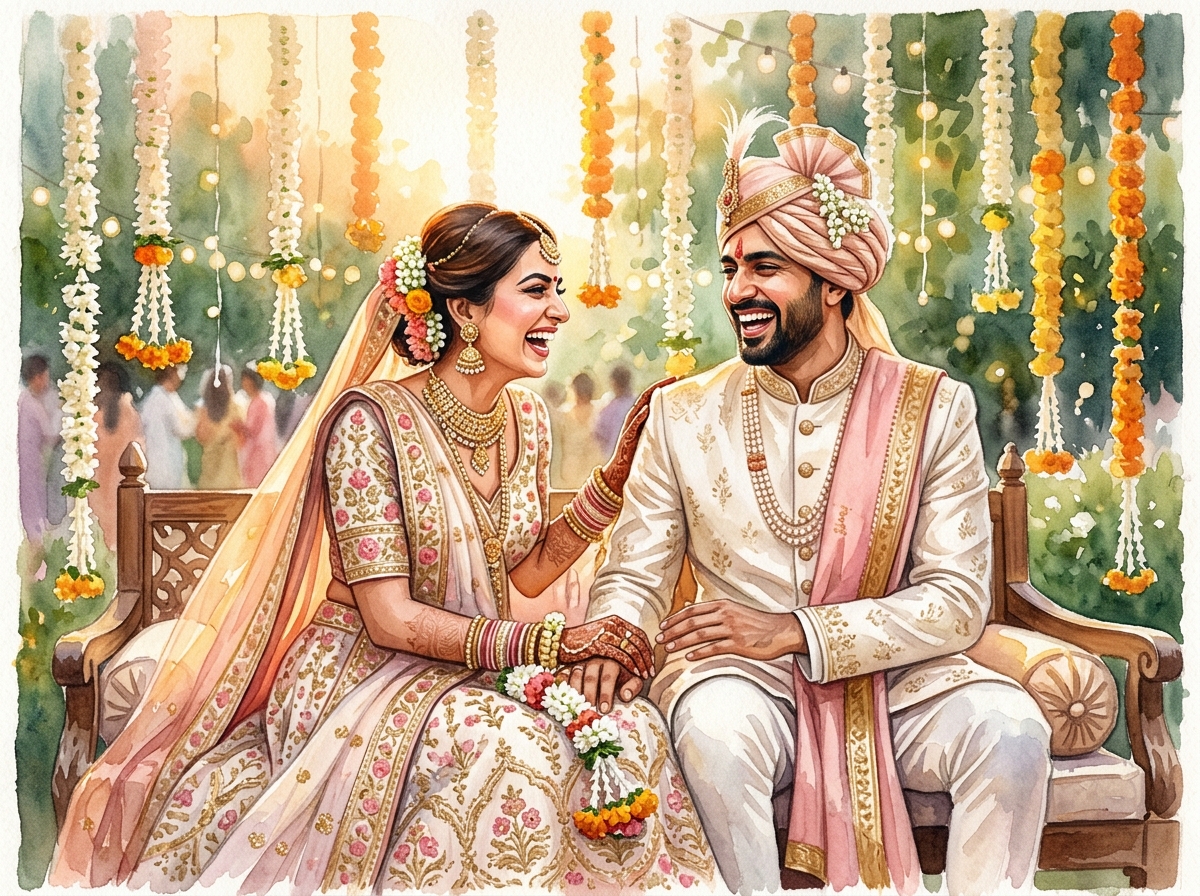 Couple laughing under jasmine garlands