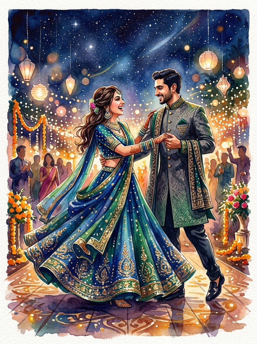 Couple dancing under twinkling lanterns