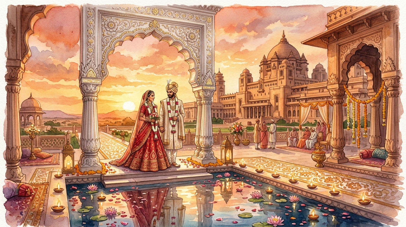 Couple beneath palace archway at sunset